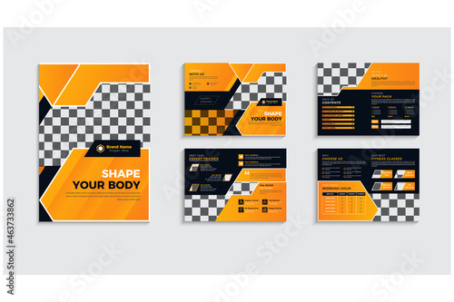 Modern 8 Pages fitness gym brochure vector layout design template grunge shapes abstract