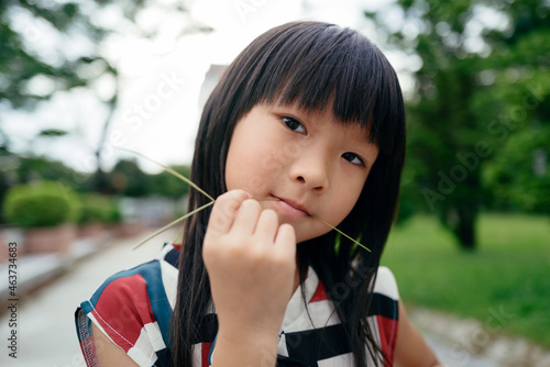  little girl biting a blade of grass photo