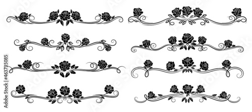 Black rose flower borders, dividers and floral swirls. Monochrome headers, vector retro embellishments, vintage roses with blossom buds and leaves. Decorative isolated vignettes set