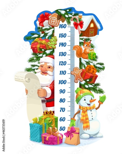 Christmas Santa and gifts kids height chart, growth meter. Vector wall sticker with decorated Xmas tree, snowman and winter festive decor on snowy spruce. Children size measurement cartoon ruler