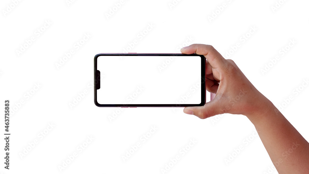 holding a smartphone with a color screen right with left hand isolated on white background with the clipping path. holding a smartphone with a color screen right with left hand isolated on white background with the clipping path.