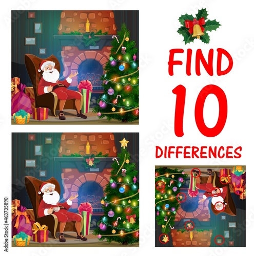 Child Christmas maze with find differences task. Children game, playing activity for kids with Santa character sitting with cup of tea in home living room, fireplace and Christmas tree cartoon vector