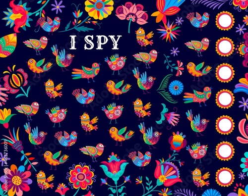 Wallpaper Mural I spy kids game with mexican Alebrije birds. Children riddle with mexican folk fantasy birds and flowers. Child puzzle game with calculation activity, kids quiz or math worksheet with counting task Torontodigital.ca