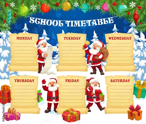 Child winter holiday timetable template with Santa character. Kids classes planner, children lesson schedule or to do list. Santa Claus ringing bell, carrying sack and reading wish list cartoon vector