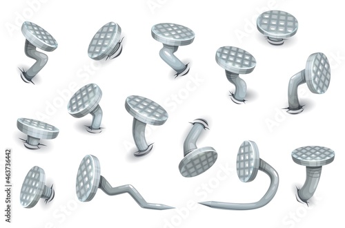Cartoon isolated bent nails and hobnails vector set. Steel metal sharp hardware spikes of grey color with checkered heads, curved and hammered into wall or floor old iron carpentry items