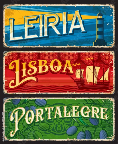 Lisboa, Leiria and Portalegre, Portuguese province plates, vector tin signs. Portugal travel luggage tags and stickers with Portuguese city welcome taglines or tourism landmarks and attractions
