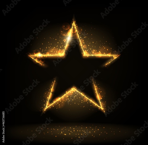 Golden star with sparkle, glitter, stardust and glow bokeh, shiny gold star. Vector star with glowing edges, empty border with shimmer and lens flare effect. Award celebration template background