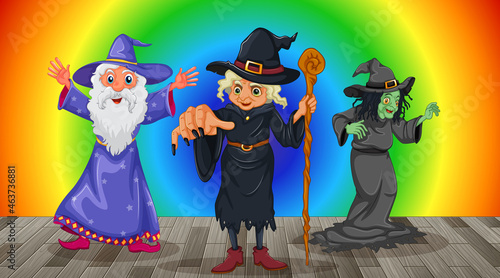 Witch cartoon character on rainbow gradient background