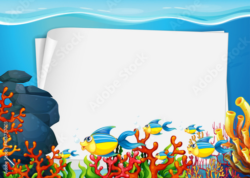 Blank paper template with exotic fishes cartoon character in the underwater s...