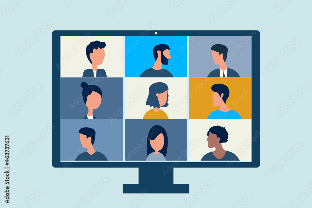 Illustration of Business video conferencing. Online team meeting video conference calling from home on the screen computer Illustration of Business video conferencing. Online team meeting video conference calling from home on the screen computer