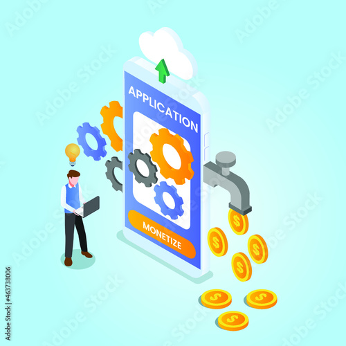Mobile application earnings 3d isometric vector illustration concept for banner, website, landing page, ads, flyer template