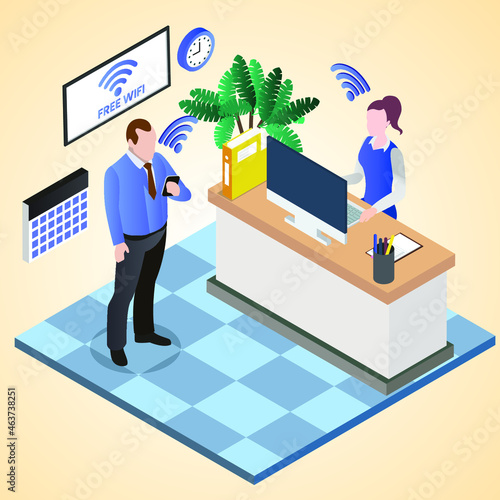 Free wifi connection at reception 3d isometric vector illustration concept for banner, website, landing page, ads, flyer template