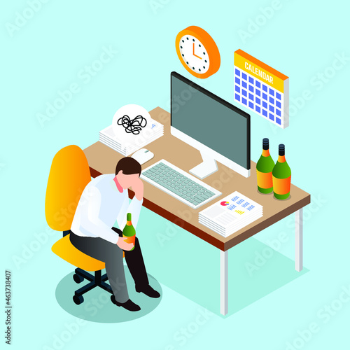 Frustrated businessman drinking alcohol 3d isometric vector illustration concept for banner, website, landing page, ads, flyer template