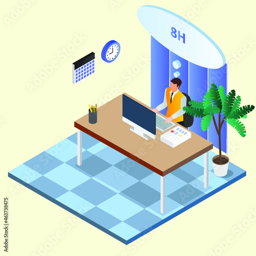 Male employee thinking working hours 3d isometric vector illustration concept for banner, website, landing page, ads, flyer template