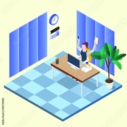 Multitasking businesswoman 3d isometric vector illustration concept for banner, website, landing page, ads, flyer template