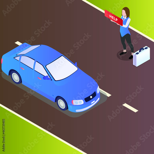 Woman asking for a help on road 3d isometric vector illustration concept for banner, website, landing page, ads, flyer template