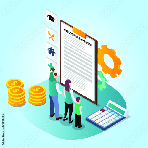 Family budgeting 3d isometric vector illustration concept for banner, website, landing page, ads, flyer template