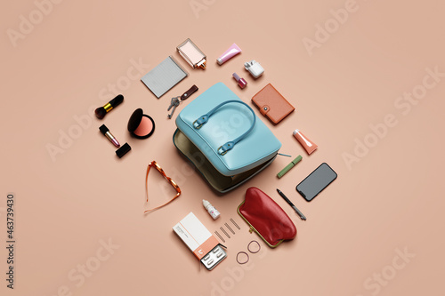 Necessary accessories and a handbag purse photo