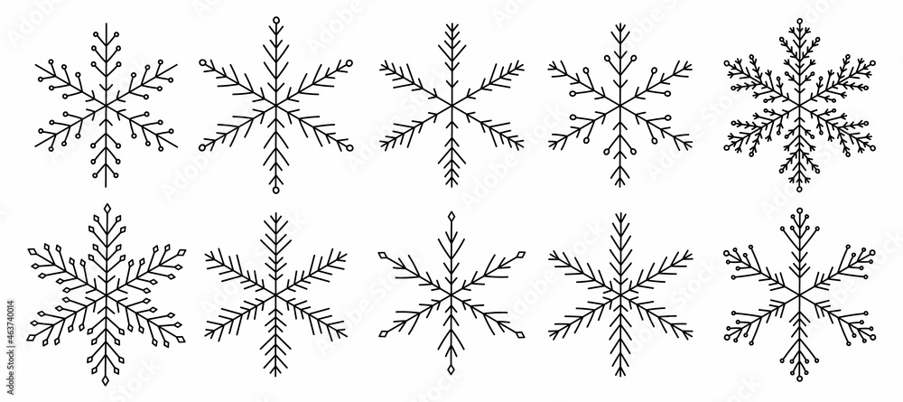Set of snowflakes of different shapes isolated on a white background. Vector hand-drawn illustration in doodle style. Perfect for holiday and Christmas designs, cards, logo, decorations. Set of snowflakes of different shapes isolated on a white background. Vector hand-drawn illustration in doodle style. Perfect for holiday and Christmas designs, cards, logo, decorations.