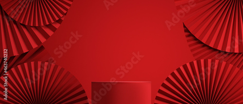 Minimal abstract cosmetic background. chinese style red podium background for product presentation. 3d rendering illustration.