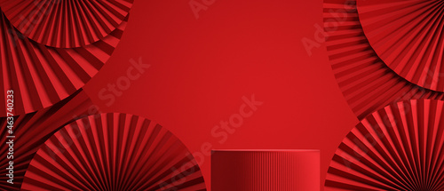 Minimal abstract cosmetic background. chinese style red podium background for product presentation. 3d rendering illustration.