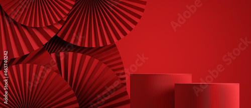 Minimal abstract cosmetic background. chinese style red podium background for product presentation. 3d rendering illustration.