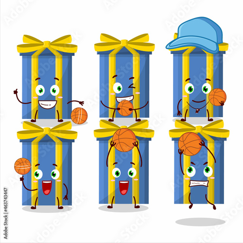 Talented blue long gift box cartoon character as a basketball athlete