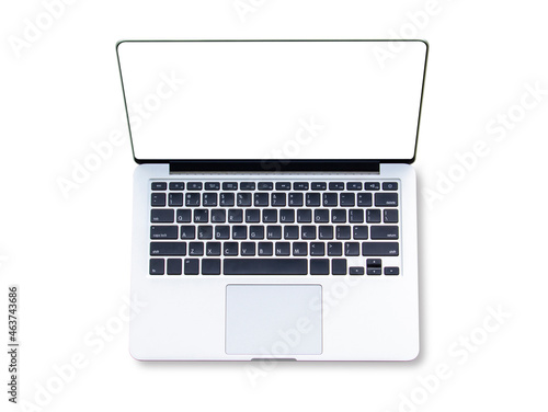 Top view of keyboard laptop with blank white screen with. Isolated on white background. Clipping path.