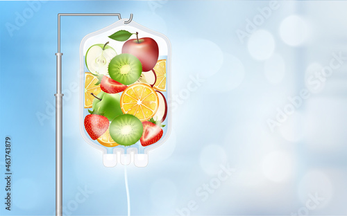 Different fruit slices inside saline bag orange, apple, strawberry and kiwi. IV Drip Vitamin infusion therapy, Healthy food and juice concepts. Realistic with 3D vector illustration.