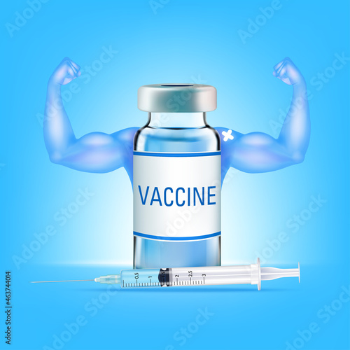 Bottles of vaccine looks like superheroes and muscle hand strong. Time to vaccinate. Syringe coronavirus vaccination and immunization fight pandemic. Medical concept. 3D vector illustration.