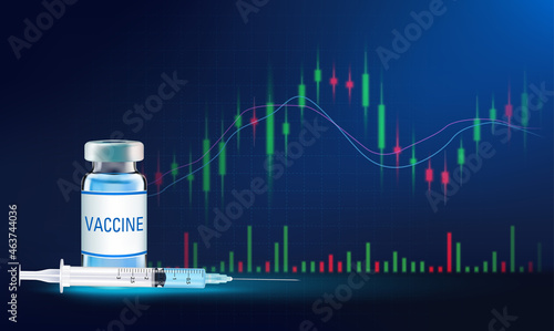 Vaccine syringe and graph of stock market in medical health science business blue banner background. Medical and scientific concepts. 3D Vector illustration.
