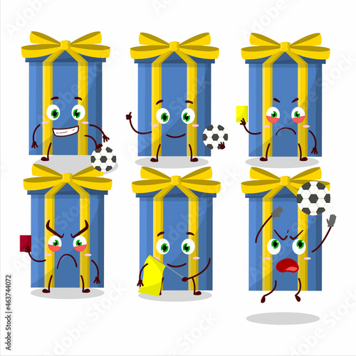 Blue long gift box cartoon character working as a Football referee