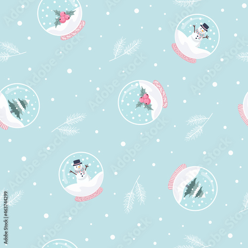 Cartoon Snow Globe Seamless Pattern on Blue Background. Vector Illustrations