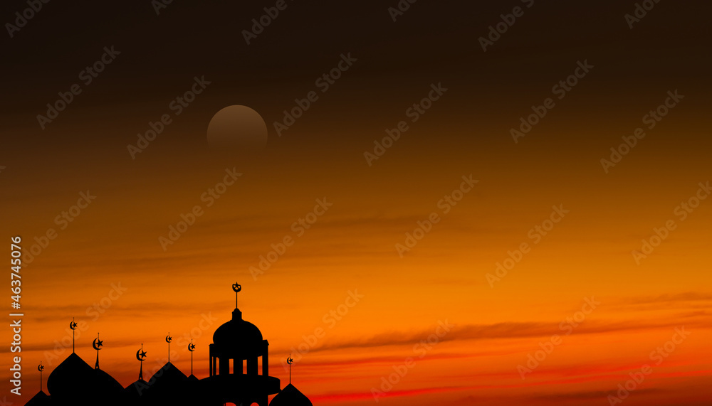 Mosques Dome and moon on twilight gradient background. for eid al-fitr, arabic, Eid al-adha, new year muharram. Ramadan kareem religion symbols