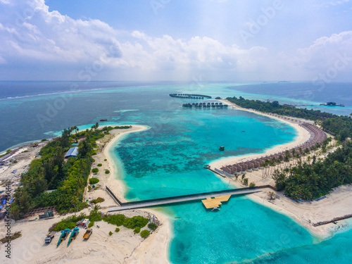 An aerial view of a tropical Maldivian island
