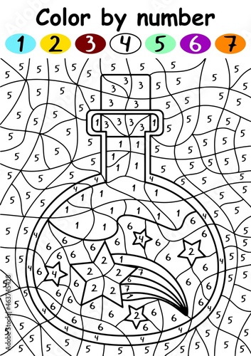 Magical elixir color by number vector illustration. Funny cartoon magical elixir bottle with stars number game for children printable worksheet vector