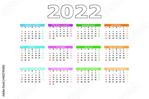 Calendar 2022 template on a white background. Week starts on Sunday, holidays in red colors. Vector illustration.