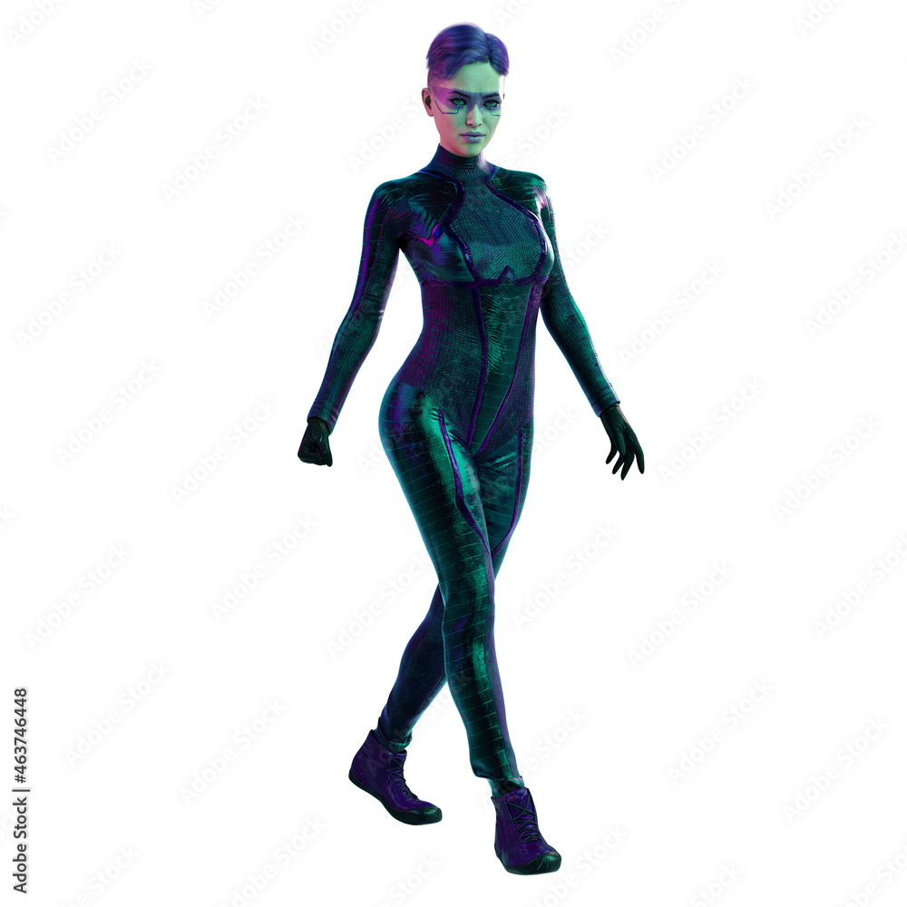 Cyberpunk Asian POC woman on isolated white background, 3D Illustration, 3D rendering Cyberpunk Asian POC woman on isolated white background, 3D Illustration, 3D rendering