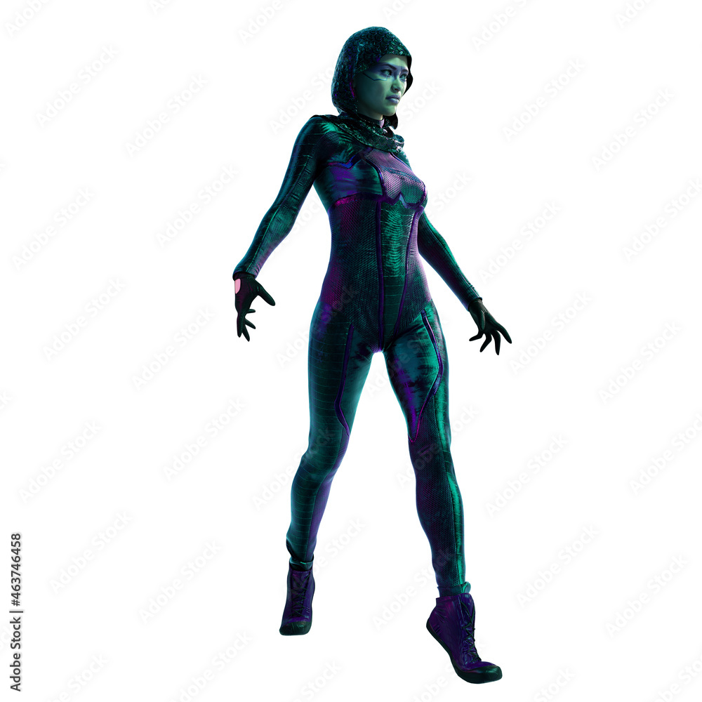 Cyberpunk Asian POC woman on isolated white background, 3D Illustration, 3D rendering Cyberpunk Asian POC woman on isolated white background, 3D Illustration, 3D rendering