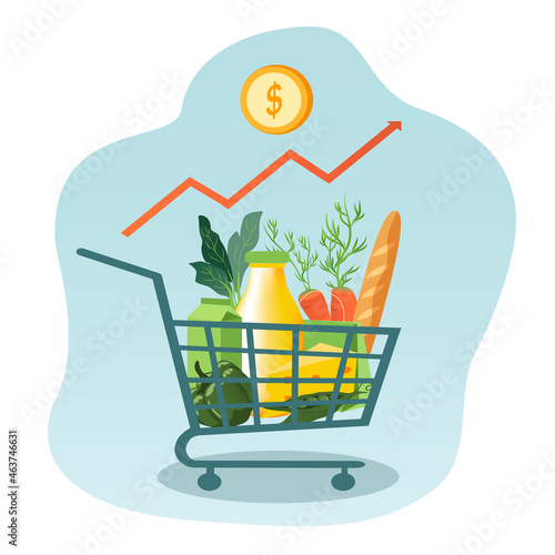 vector illustration on the theme of rising food prices. The rise in prices for products. grocery set,  food basket, stack of coins and up arrow. trend illustration in flat style
