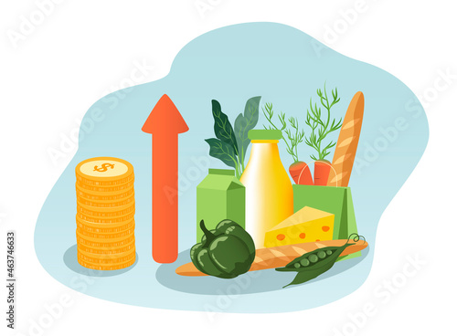 vector illustration on the theme of rising food prices. The rise in prices for products. grocery set, stack of coins and up arrow. trend illustration in flat style