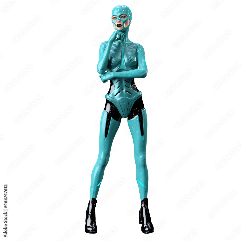 Cyborg woman on isolated white background, 3D Illustration, 3D rendering