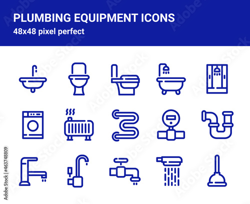 Simple set of related outline icons on white background for web design. Contains such icons as washbasin, shower cabin, kitchen sink siphon, radiator and more. 48x48 pixel perfect.  Editable stroke.
