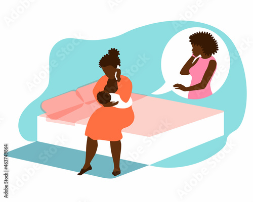 Breastfeeding Support Hotline. A black woman with a newborn baby at her breast calls a lactation consultant over the phone for help. Helping mothers in the postpartum period. Vector illustration EPS10