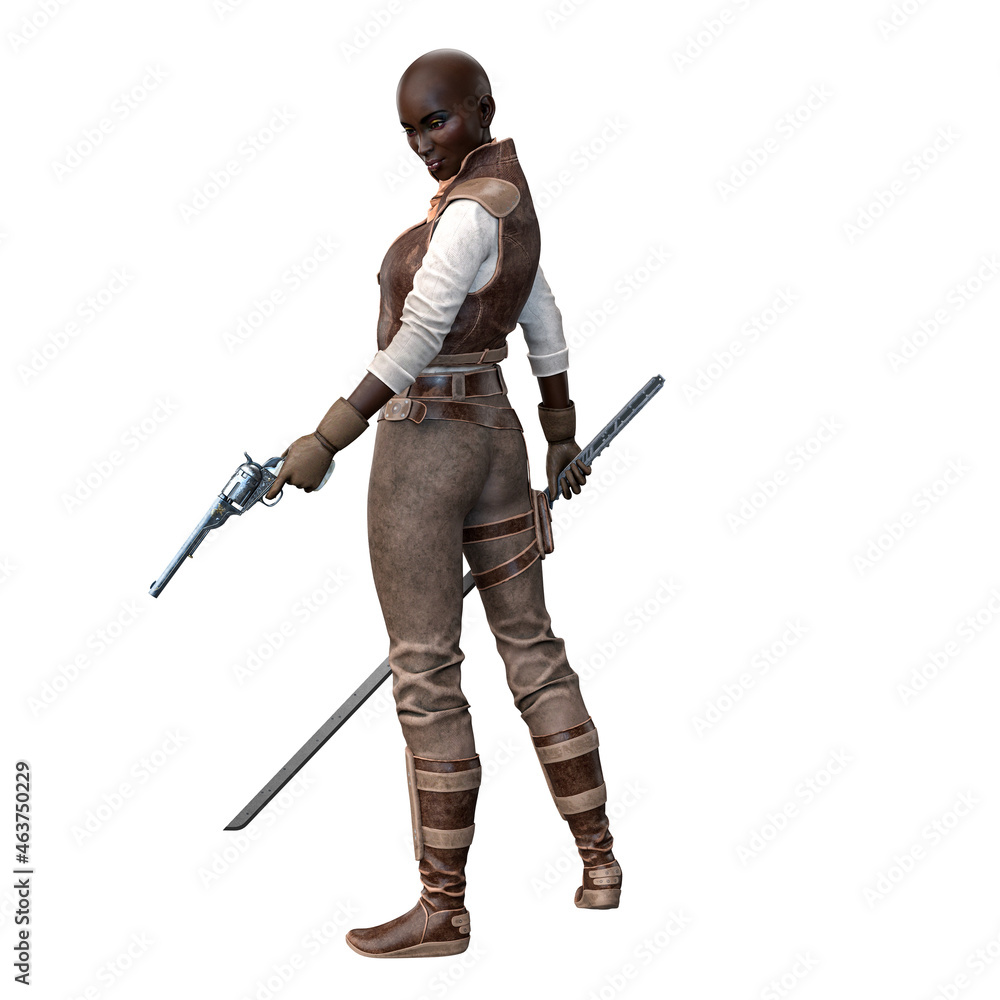 Scifi and Fantasy Adventurer POC woman on isolated white background, 3D Illustration, 3D rendering