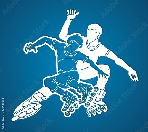 Group of Roller blade Players Extreme Sport Action Cartoon Graphic Vector