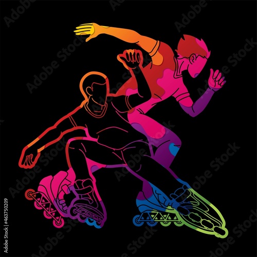 Group of Roller blade Players Extreme Sport Action Cartoon Graphic Vector