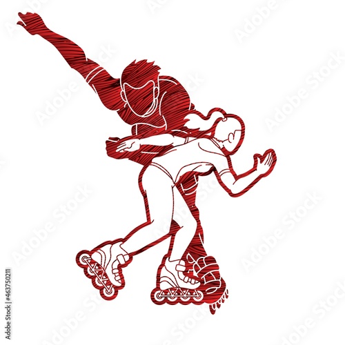 Group of Roller blade Players Extreme Sport Action Cartoon Graphic Vector