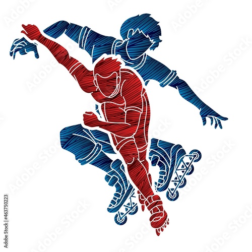 Group of Roller blade Players Extreme Sport Action Cartoon Graphic Vector