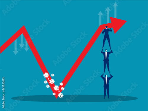 Businessman holding chart equity price move up from permitted unlocking after from COVID-19 virus be defeated stock market  concept vector illustrator.